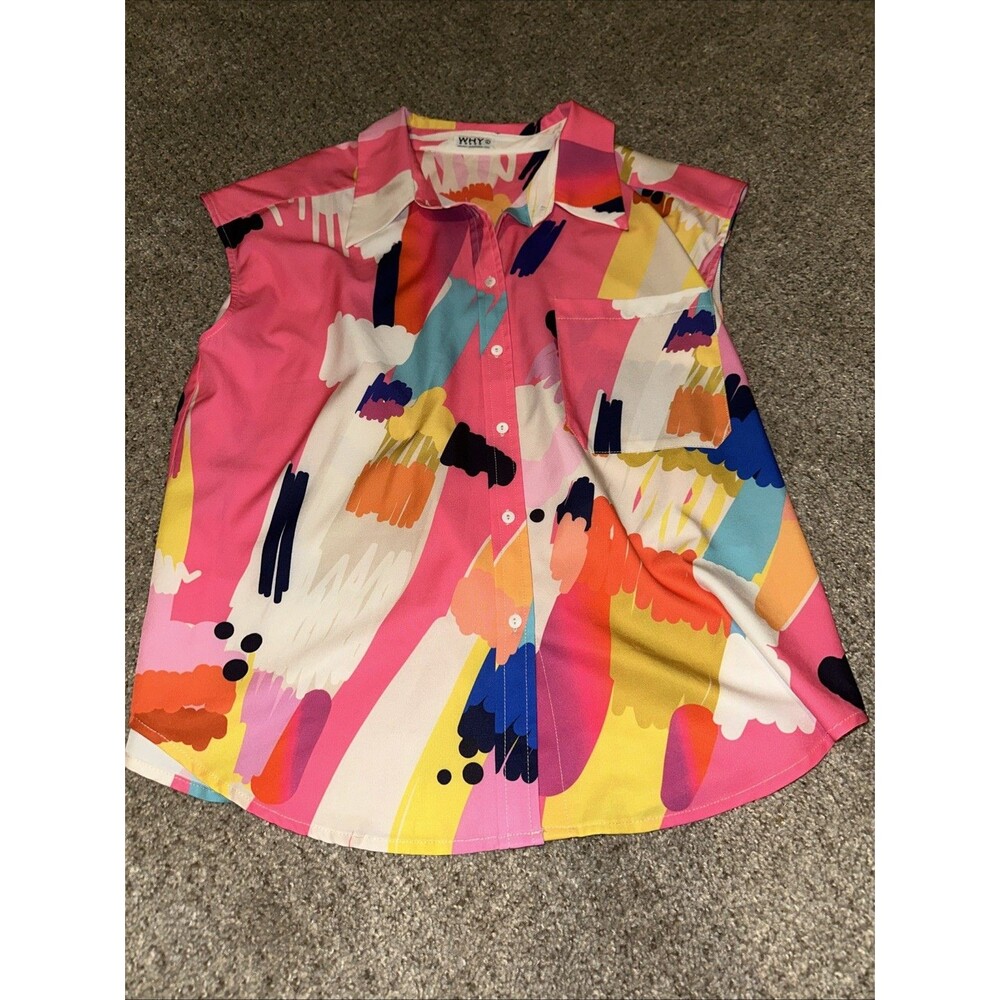 WHY Dress Large Colorful Mutlticolor Button Down Short Sleeve Shirt. Casual